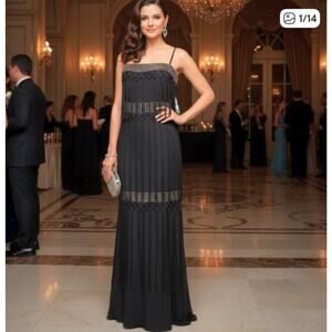 Badgley Mischka Collection black gown with fringed NWOT Size 8 Gatsby Flapper